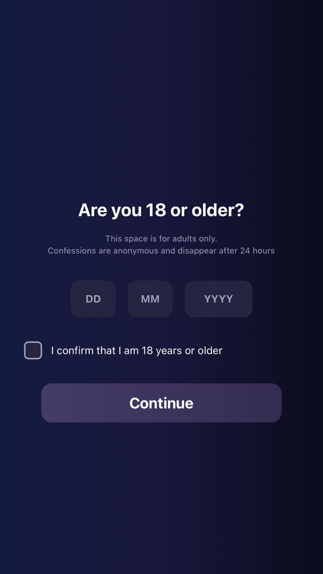 Confess. age gate screen